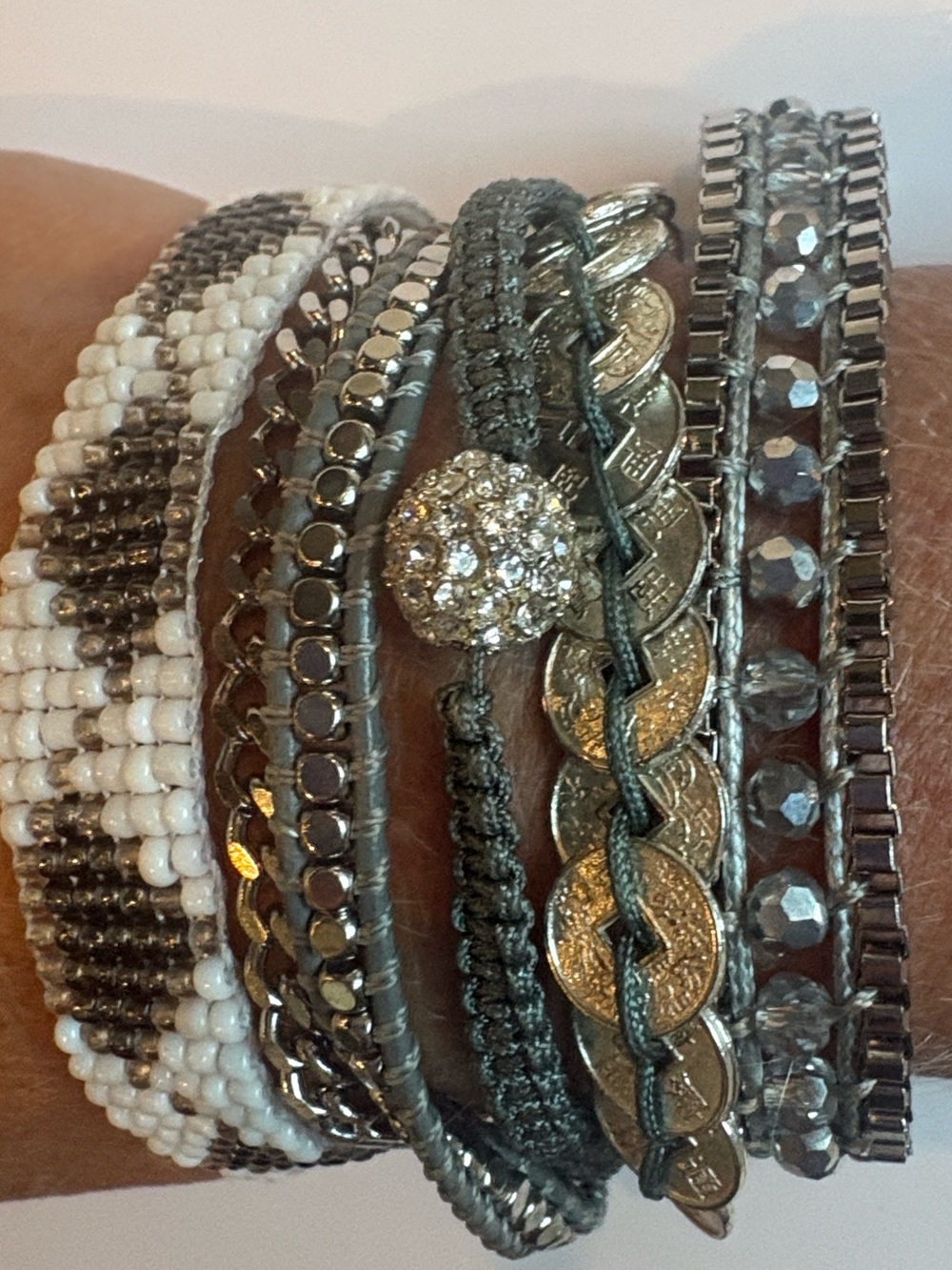 Victoria Emerson Multi-Row Silver and White Beaded Magnetic Cuff Bracelet